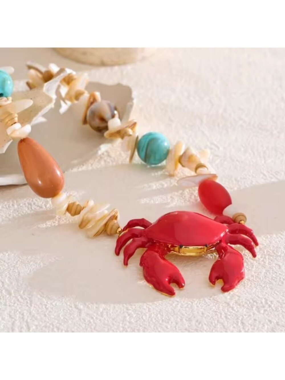 Red Crab Coastal Multicolor Beaded Gold Necklace
